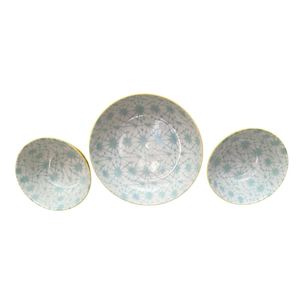 SIGNATURE Brand Embossed Yellow Teal Interior Design Ceramic Bowls (3 in Set)